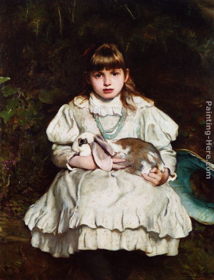 Frank Holl Portrait of a Young Girl Holding a Pet Rabbit